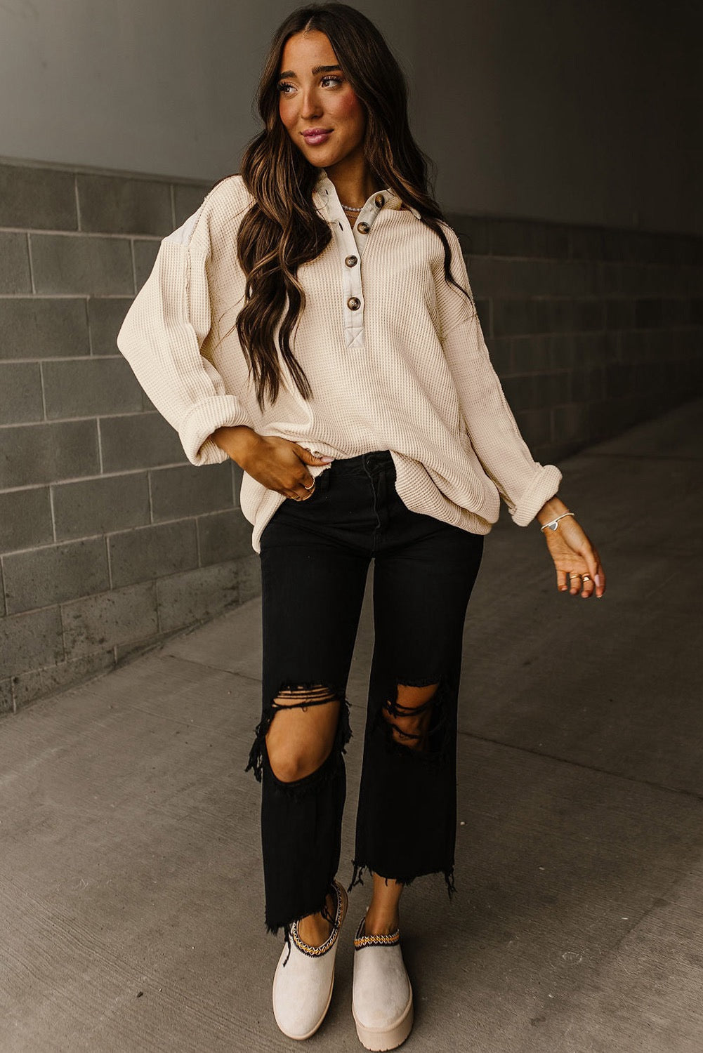 Waffle Long Sleeve Half Button Down